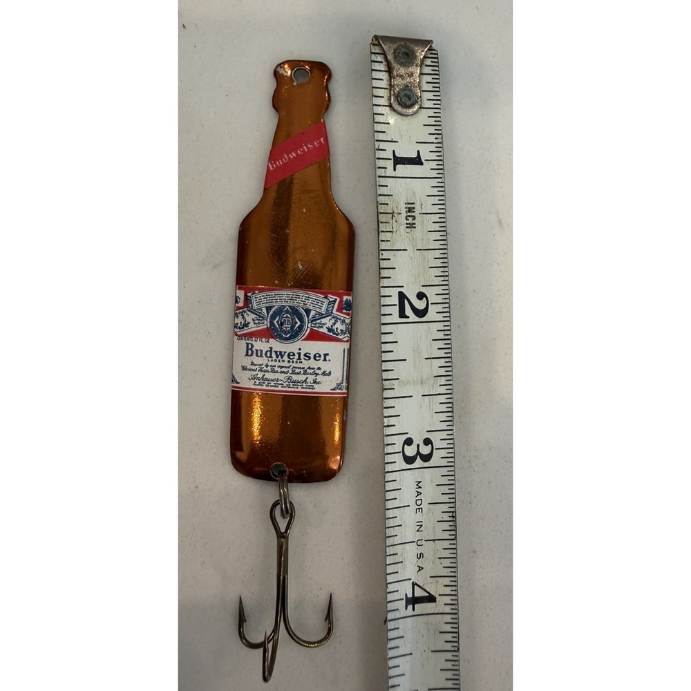 Vintage Budweiser beer, Treble fishhook Tin jig Lure, advertising